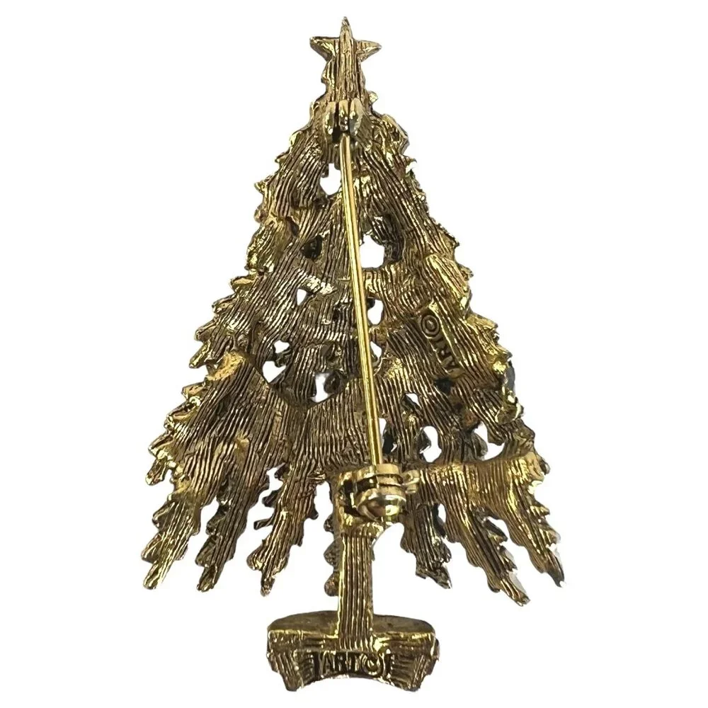 Vintage ART Christmas Tree Brooch Pin gold Tone With‎ Rhinestones Arthur Pepper